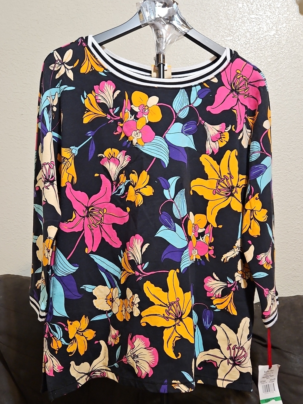 Ruby Rd. Black Long Sleeve Top with Multicolor Floral Print